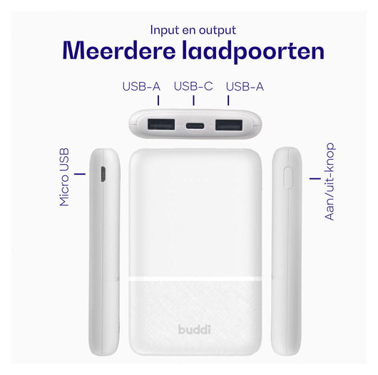 Buddi Go Powerbank USB-C Reisformaat Mini Compact 5.000 mAh Duo Pack Wit afbeelding 5