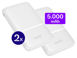 Buddi Go Powerbank USB-C Reisformaat Mini Compact 5.000 mAh Duo Pack Wit