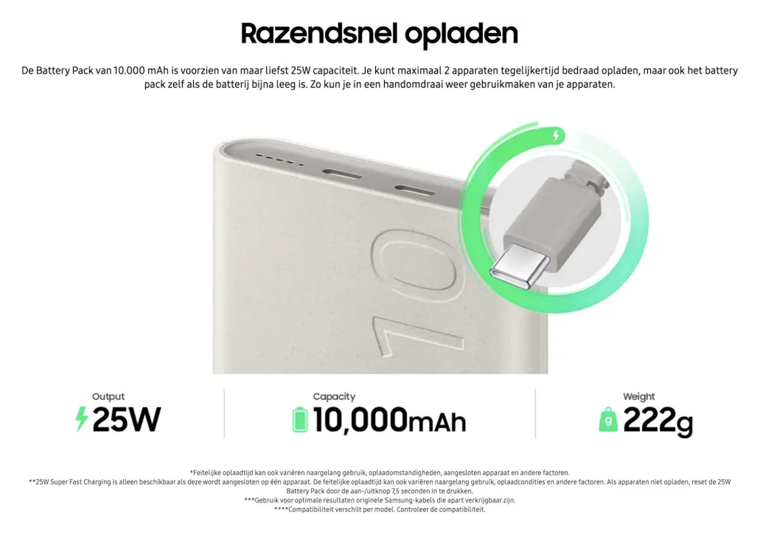 Originele Samsung 25W Wireless Powerbank met USB-C 10.000 mAh Duo Pack Beige afbeelding 6