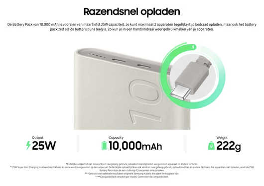 Originele Samsung 25W Wireless Powerbank met USB-C 10.000 mAh Duo Pack Beige afbeelding 6