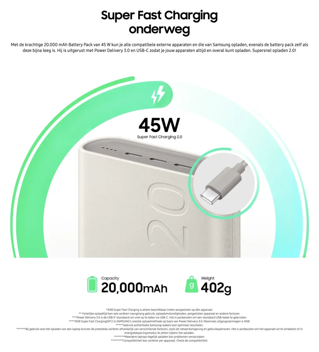 Originele Samsung 45W Fast Charge Trio USB-C Powerbank 20.000 mAh Duo Pack Beige afbeelding 3