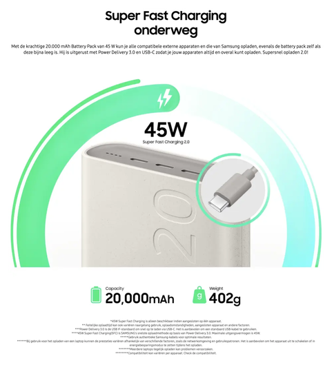 Originele Samsung 45W Fast Charge Trio USB-C Powerbank 20.000 mAh Duo Pack Beige afbeelding 3