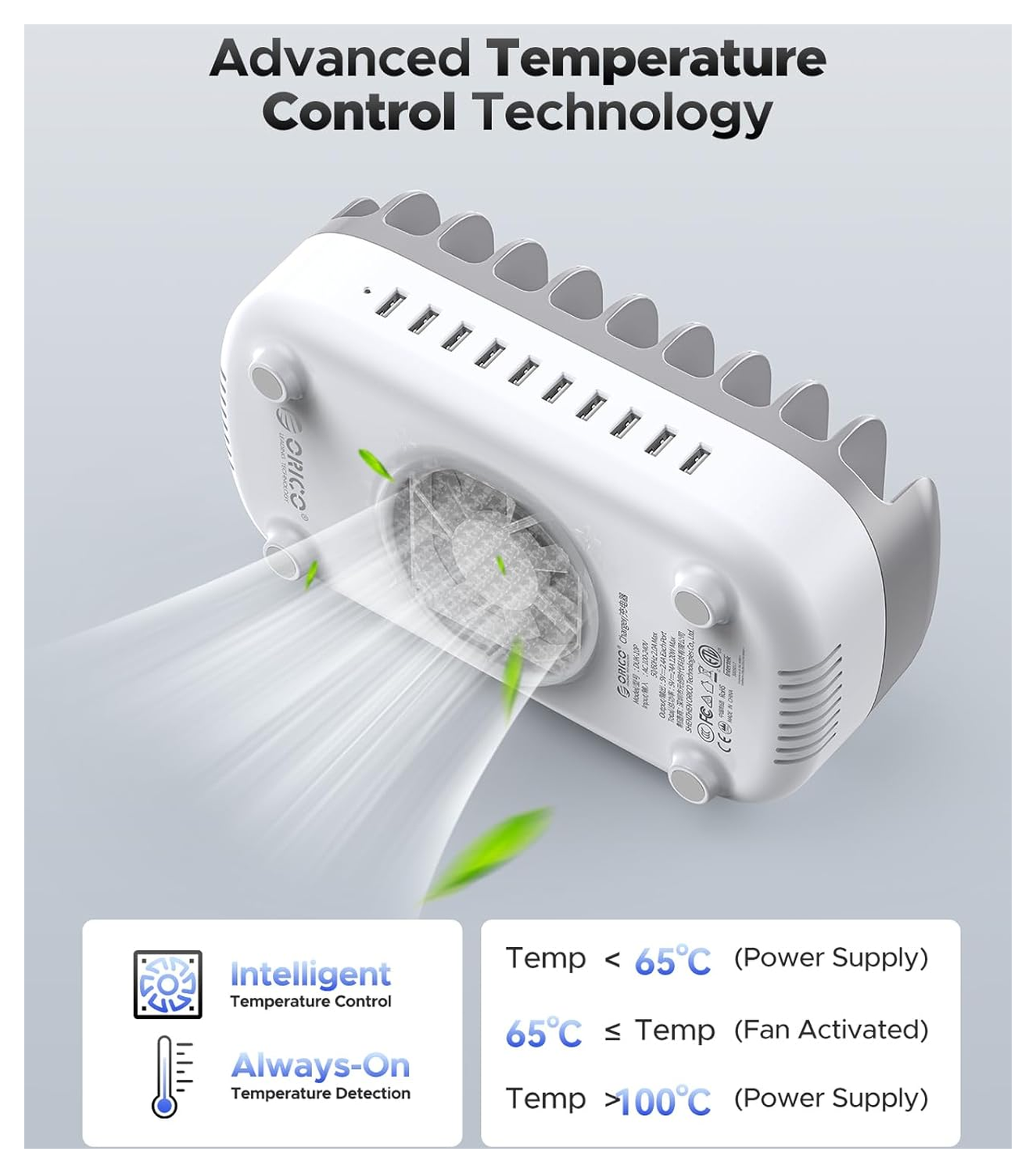 Orico USB-A Oplaad Station met 10 Poorten 120W met Smart Detect Wit afbeelding 4