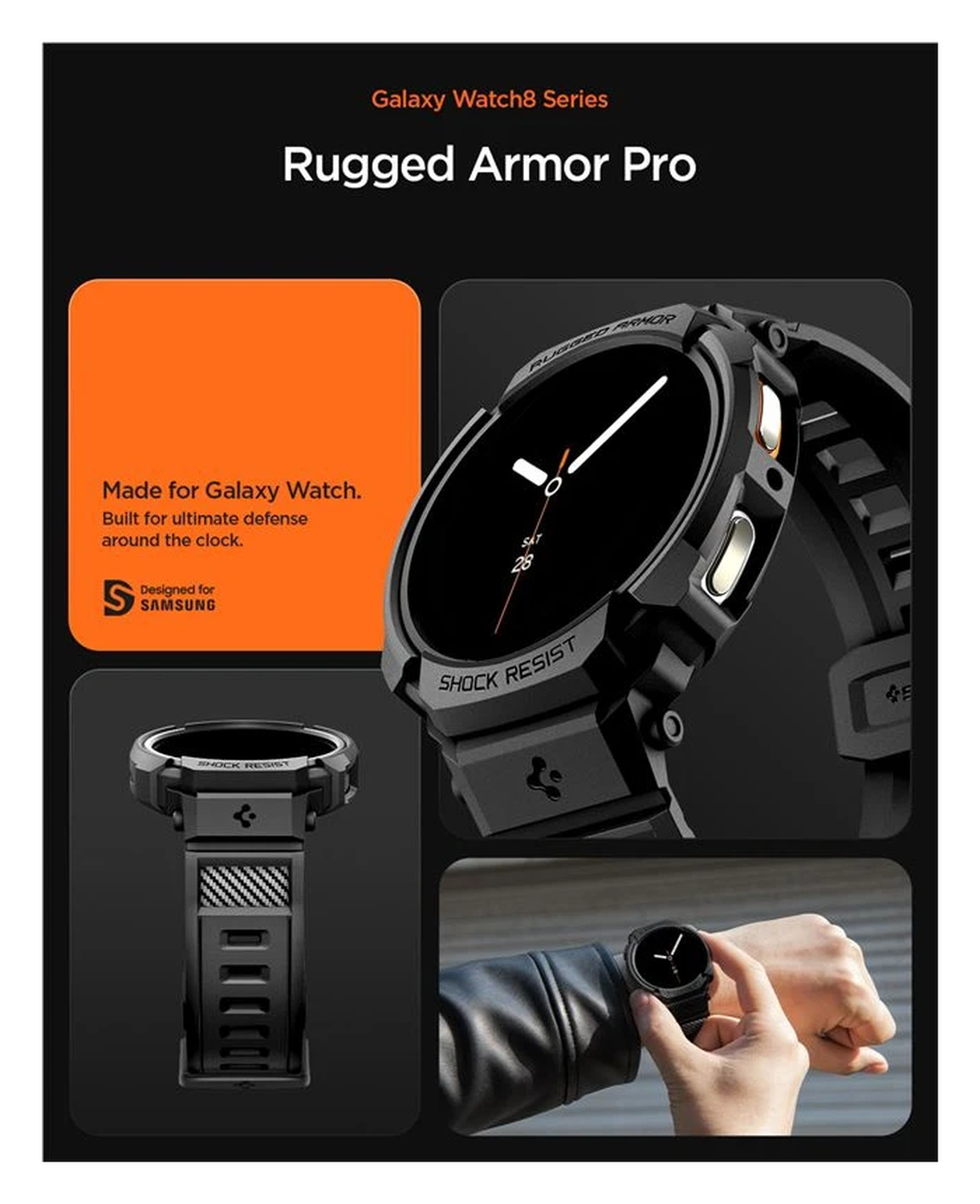 Spigen Rugged Armor Pro - Samsung Galaxy Watch 8 40MM - Hoesje en Bandje - Zwart afbeelding 3
