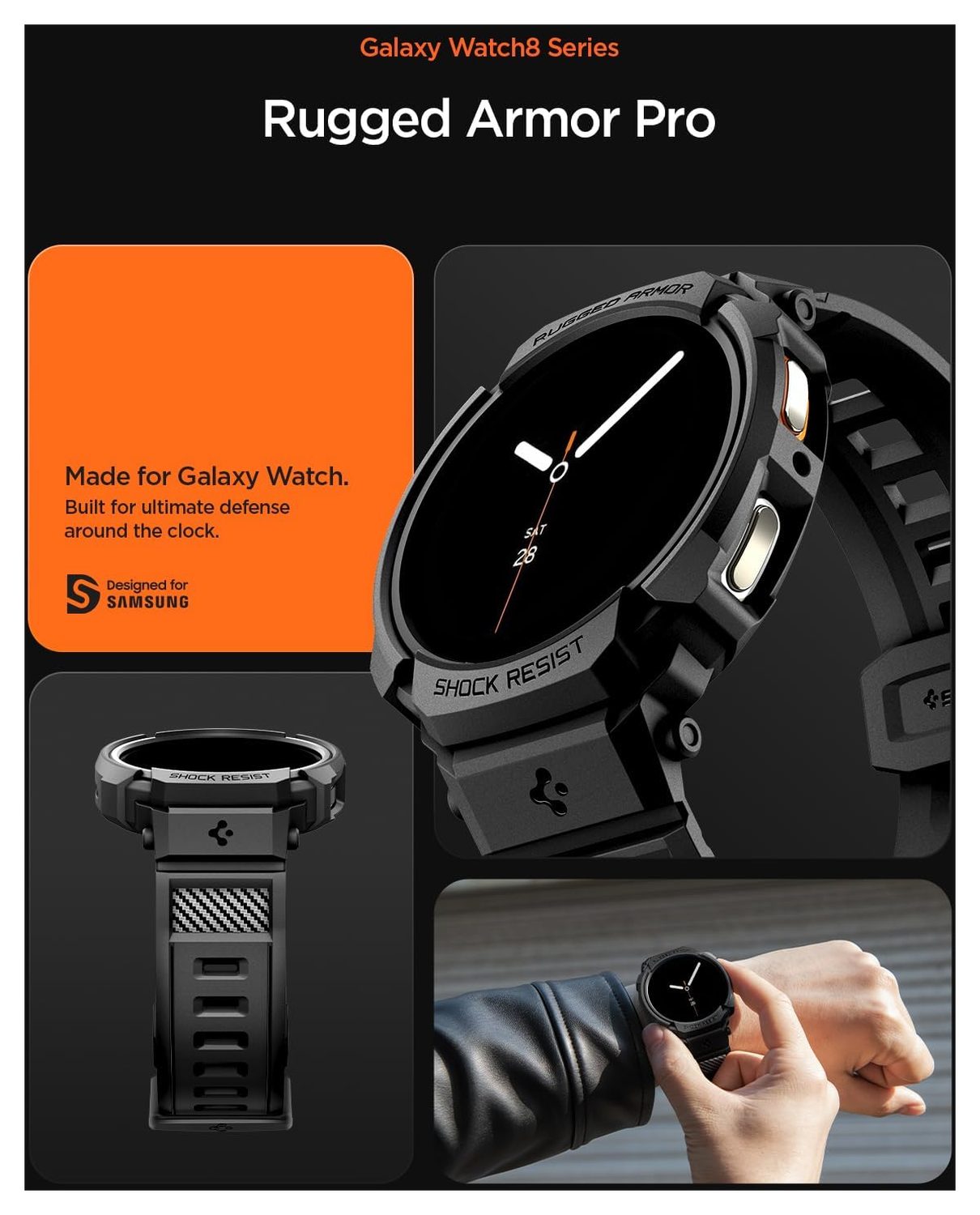 Spigen Rugged Armor Pro - Samsung Galaxy Watch 8 44MM - Hoesje en Bandje - Zwart afbeelding 2