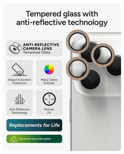 ZAGG Camera Rings iPhone 17 Pro (Max)/16 Pro (Max) Camera Protector Goud Glitter afbeelding 3