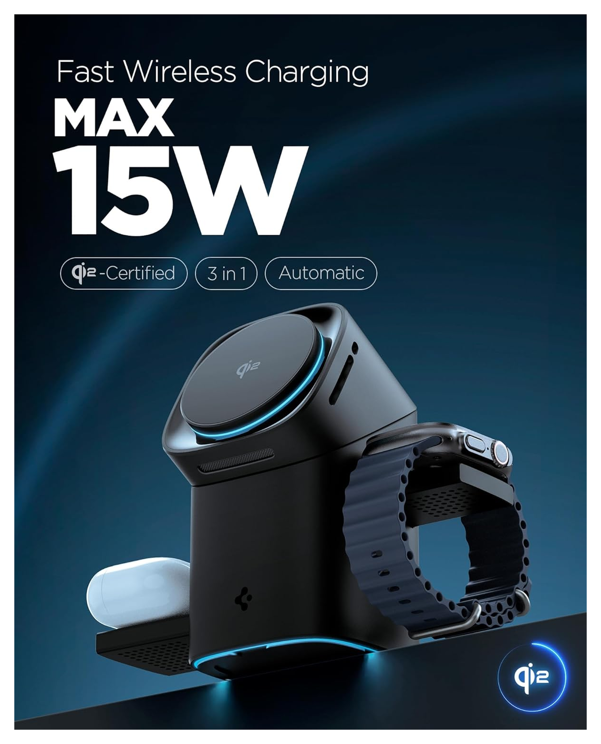 Spigen MagFit Qi2 15W 3-in1 Draadloze MagSafe Oplader iPhone/AirPods/Apple Watch afbeelding 2
