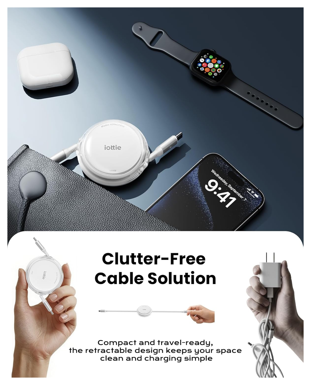 iOttie Oprolbare USB-C naar USB-C Kabel 100W Verstelbare Lengte Wit (2-Pack) afbeelding 2