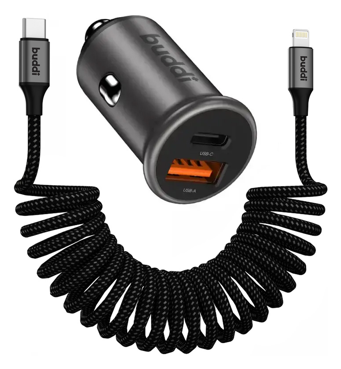 Buddi Power 45W Autolader met USB-C naar Lightning Krulsnoer afbeelding 1