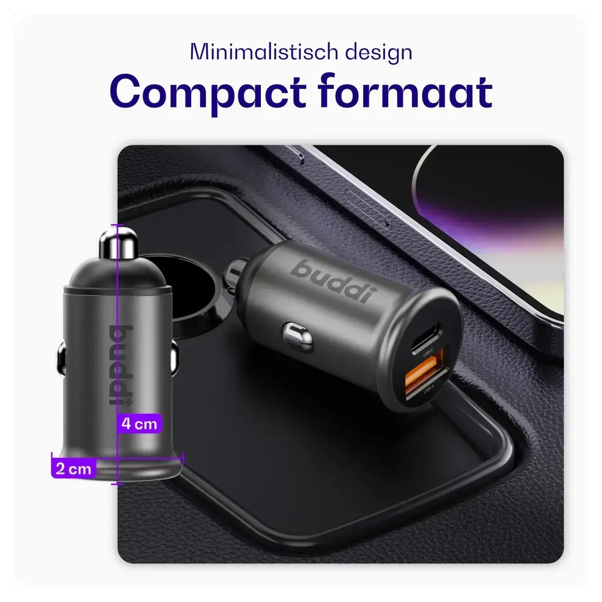 Buddi Power 45W Autolader met USB-C naar Lightning Krulsnoer afbeelding 3