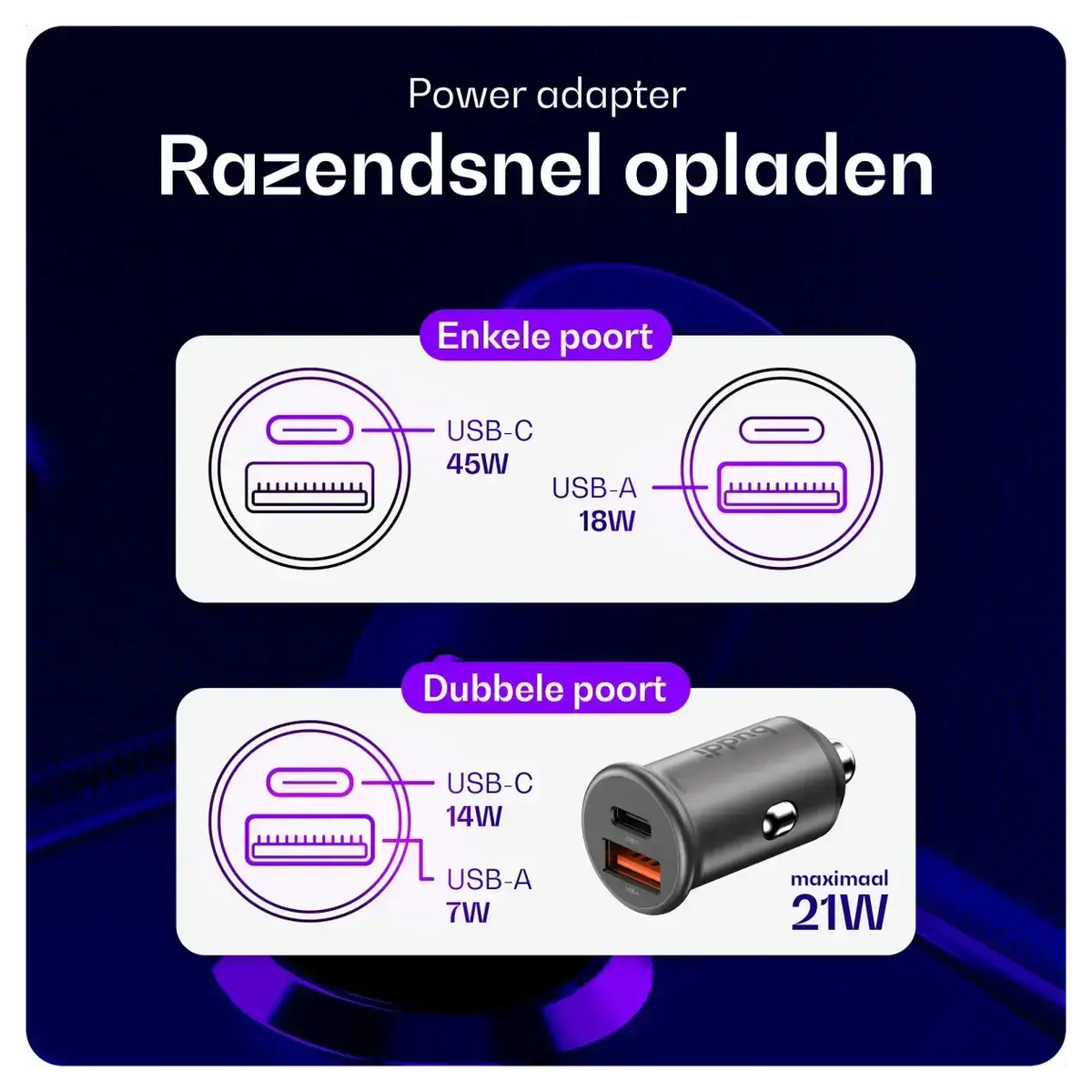 Buddi Power 45W Autolader met USB-C naar Lightning Krulsnoer afbeelding 6