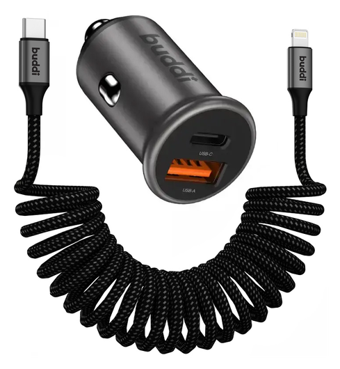 Buddi Power 45W Autolader met USB-C naar Lightning Krulsnoer afbeelding 1