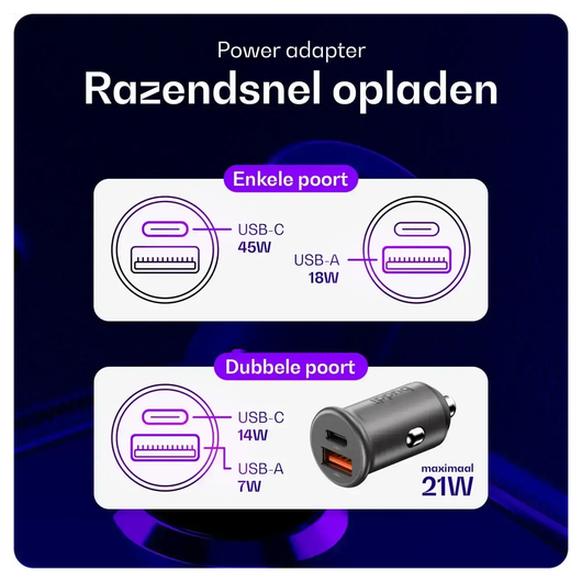 Buddi Power 45W Autolader met USB-C naar Lightning Krulsnoer afbeelding 6
