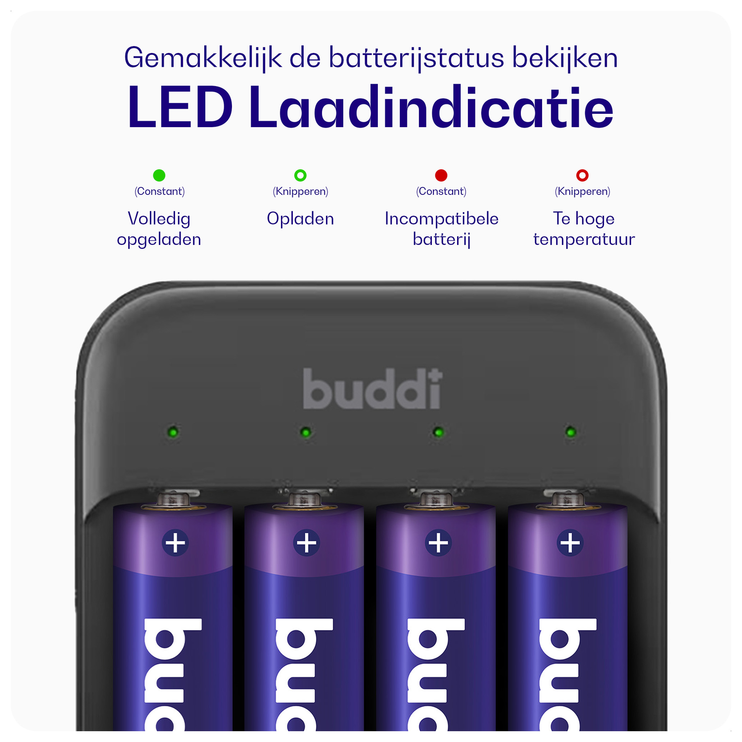Buddi Battery Charger AA + AAA Batterij USB-C Oplader 4 Stuks Zwart afbeelding 3