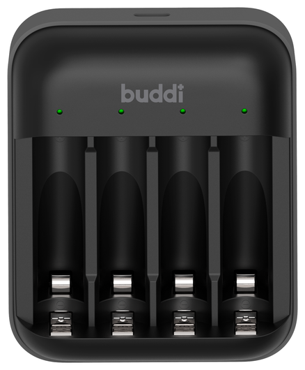 Buddi Battery Charger AA + AAA Batterij USB-C Oplader 4 Stuks Zwart afbeelding 1