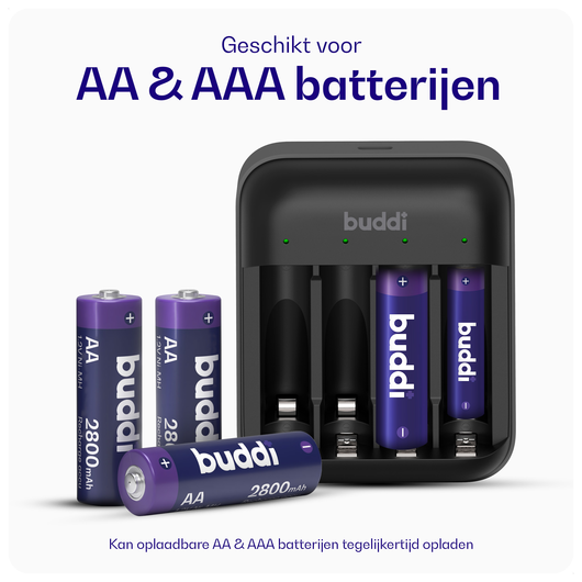Buddi Battery Charger AA + AAA Batterij USB-C Oplader 4 Stuks Zwart afbeelding 4