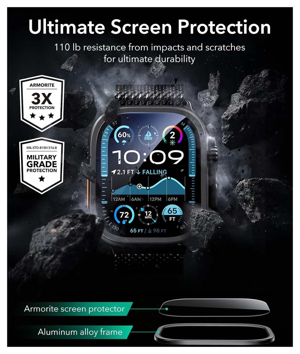 ESR Armorite - Apple Watch Ultra 3/2/1 Tempered Glass - Zwart (2-Pack) afbeelding 3