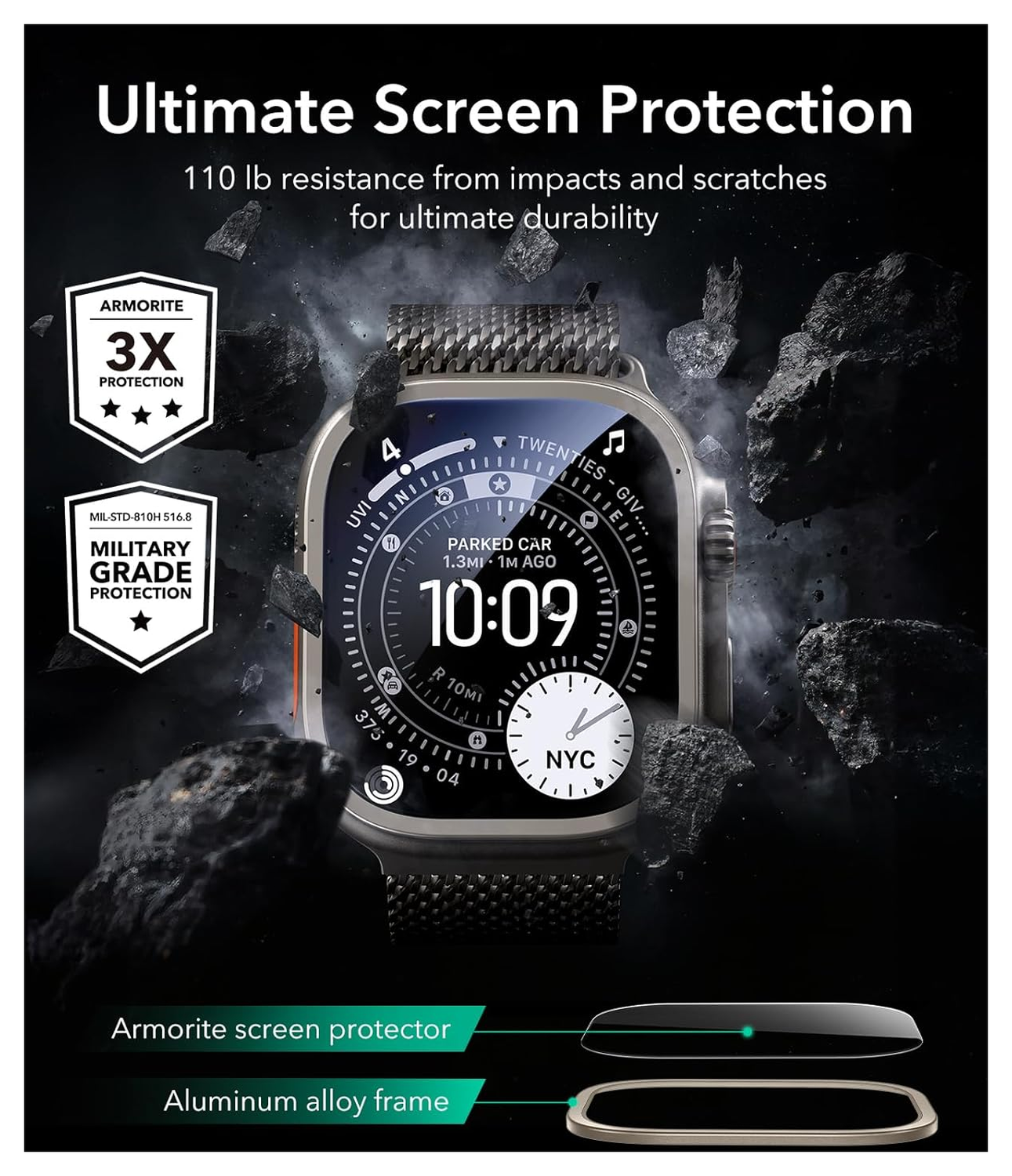 ESR Armorite - Apple Watch Ultra 3/2/1 Tempered Glass - Titanium Zwart (2-Pack) afbeelding 5