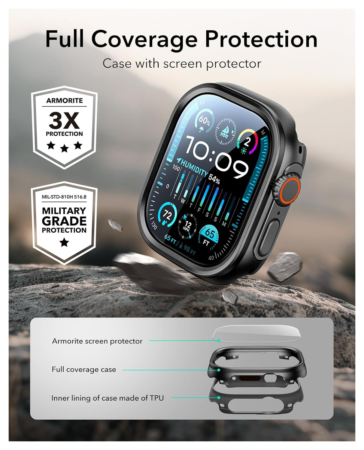 ESR - Apple Watch Ultra 3/2/1 Hoesje - met 2-Pack Screen Protector - Zwart afbeelding 4