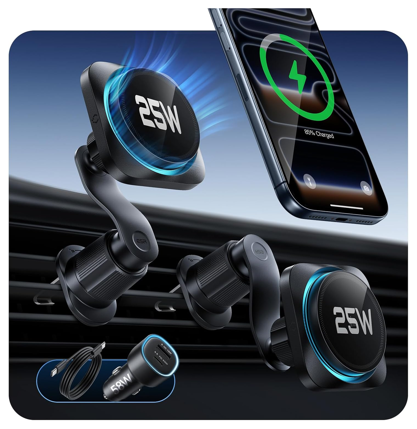 ESR Qi2 Telefoonhouder Auto Ventilatierooster met 25W MagSafe Opladen Zwart afbeelding 1