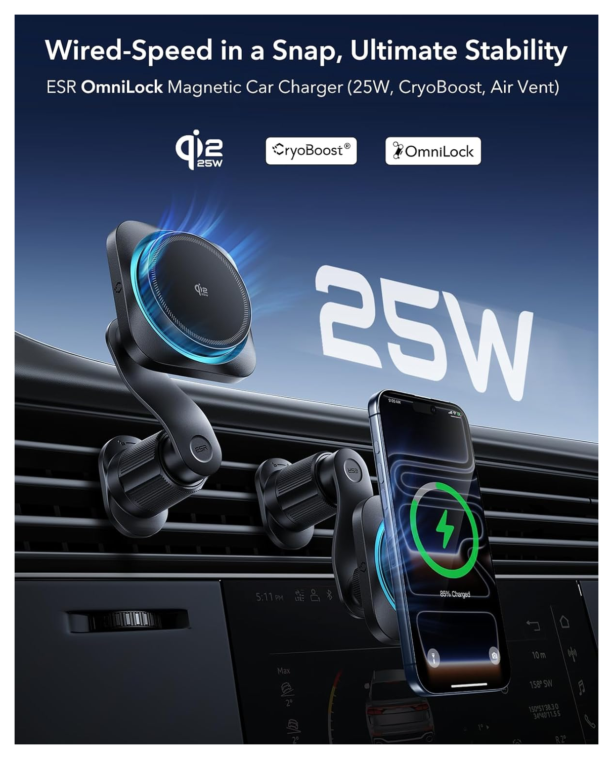 ESR Qi2 Telefoonhouder Auto Ventilatierooster met 25W MagSafe Opladen Zwart afbeelding 2