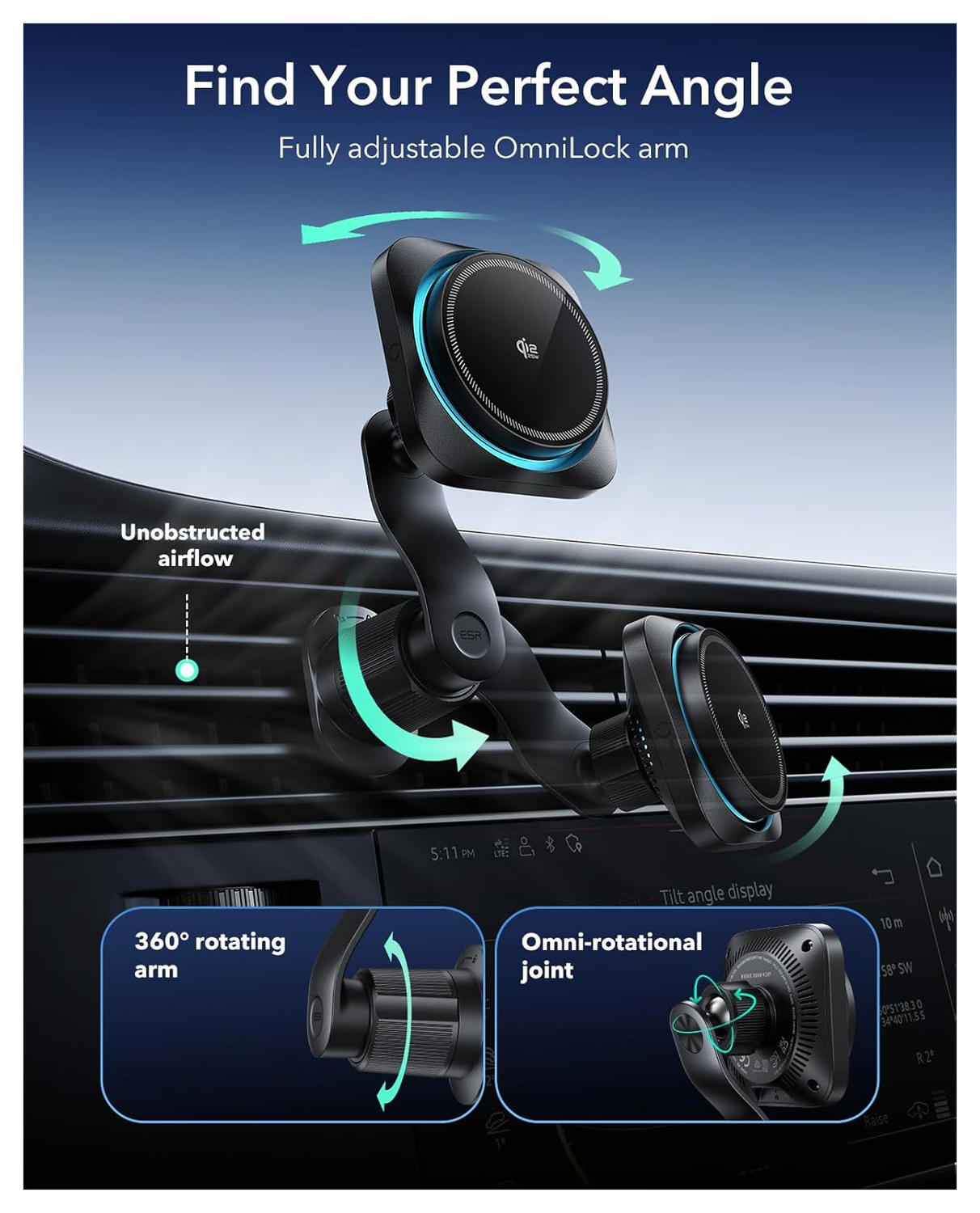 ESR Qi2 Telefoonhouder Auto Ventilatierooster met 25W MagSafe Opladen Zwart afbeelding 5