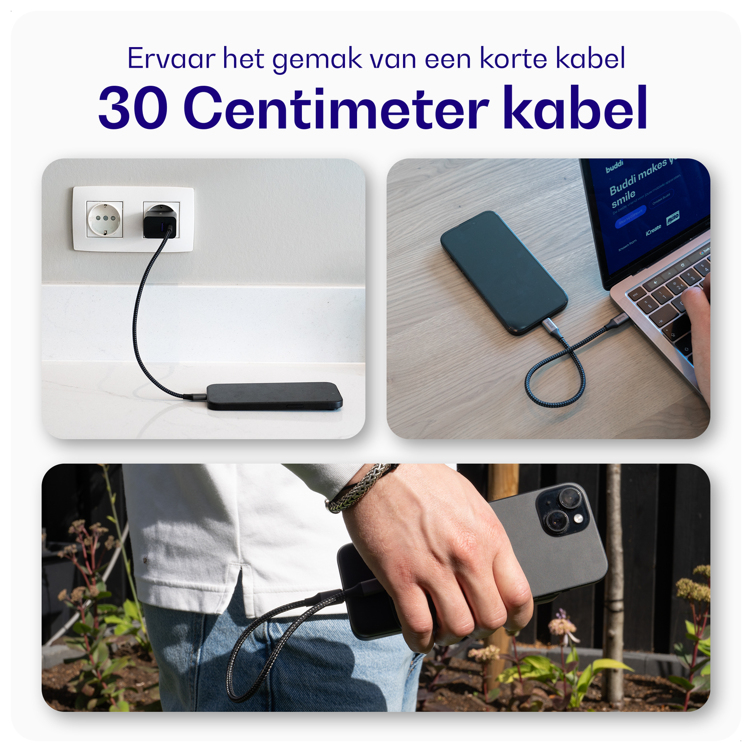 Buddi Flex USB-C naar USB-C Kabel 60W Fast Charge 30cm Wit afbeelding 4