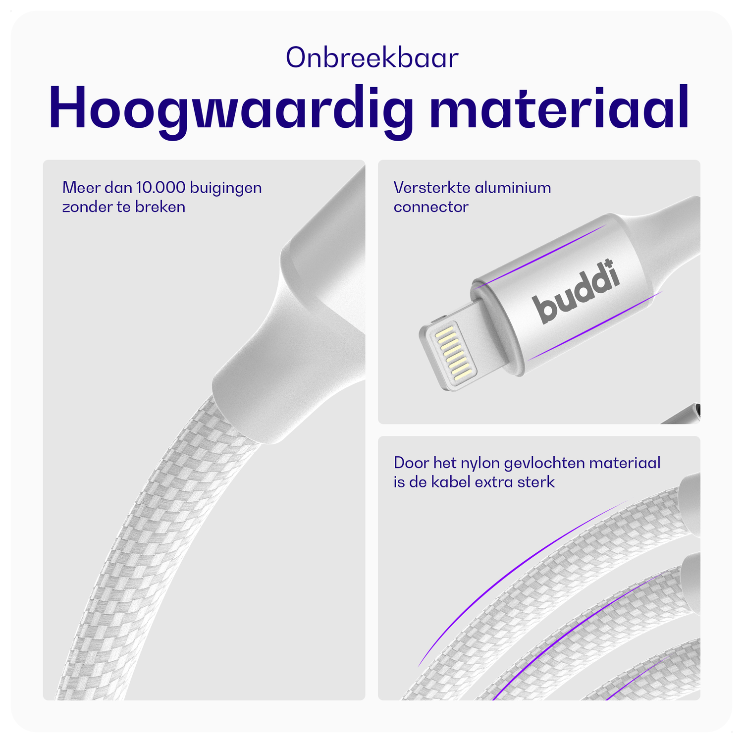 Buddi Flex USB-C naar Lightning Kabel 20W Fast Charge 30CM Wit afbeelding 2
