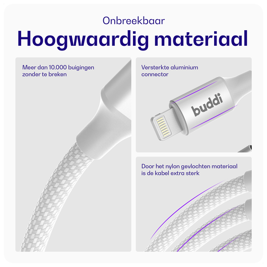 Buddi Flex USB-C naar Lightning Kabel 20W Fast Charge 30CM Wit afbeelding 2