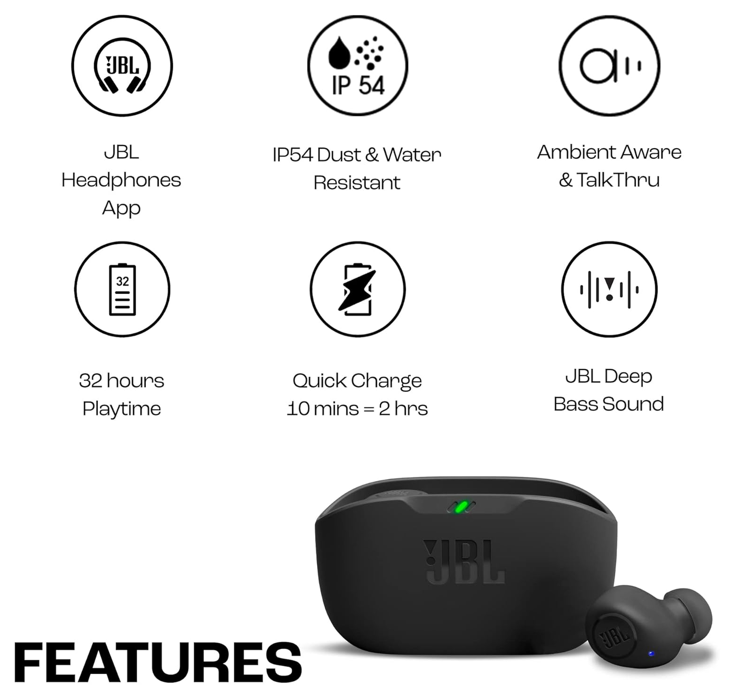 JBL Wave Buds Draadloze Oordopjes Zwart afbeelding 2
