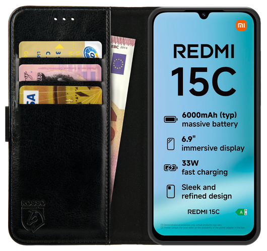 Rosso Element Xiaomi Redmi 15C Hoesje Book Case Wallet Zwart afbeelding 1