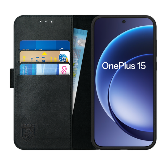 Rosso Deluxe OnePlus 15 Hoesje Echt Leer Book Case Zwart afbeelding 1