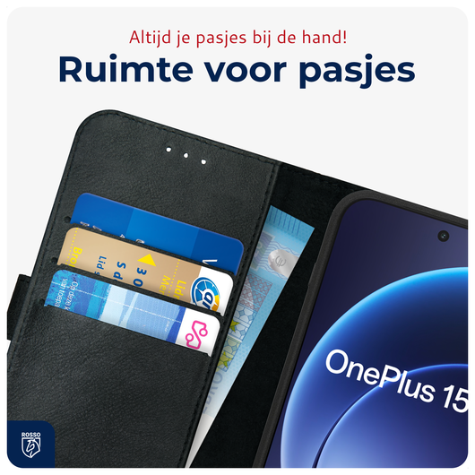 Rosso Deluxe OnePlus 15 Hoesje Echt Leer Book Case Zwart afbeelding 5