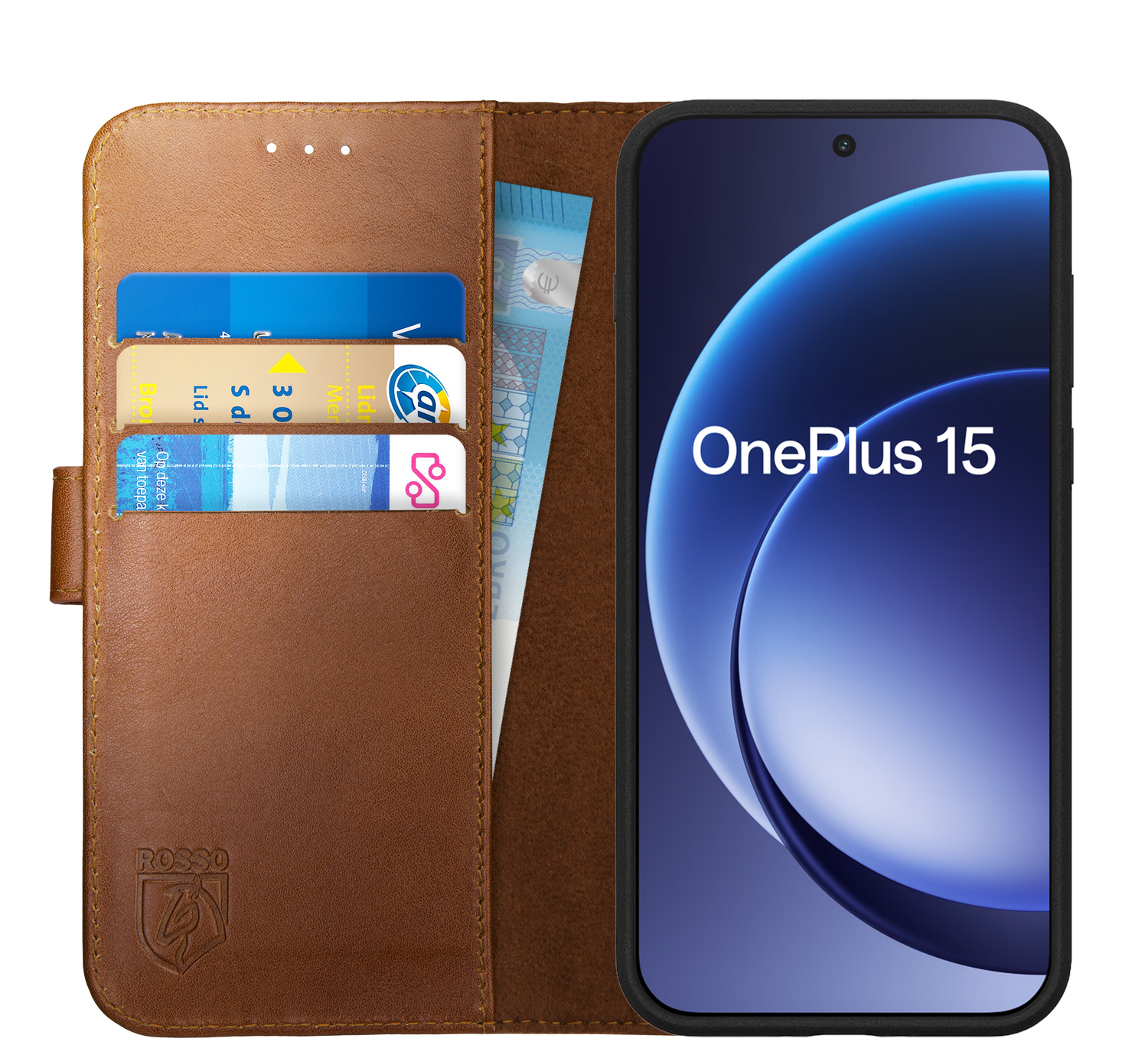 Rosso Deluxe OnePlus 15 Hoesje Echt Leer Book Case Bruin afbeelding 1
