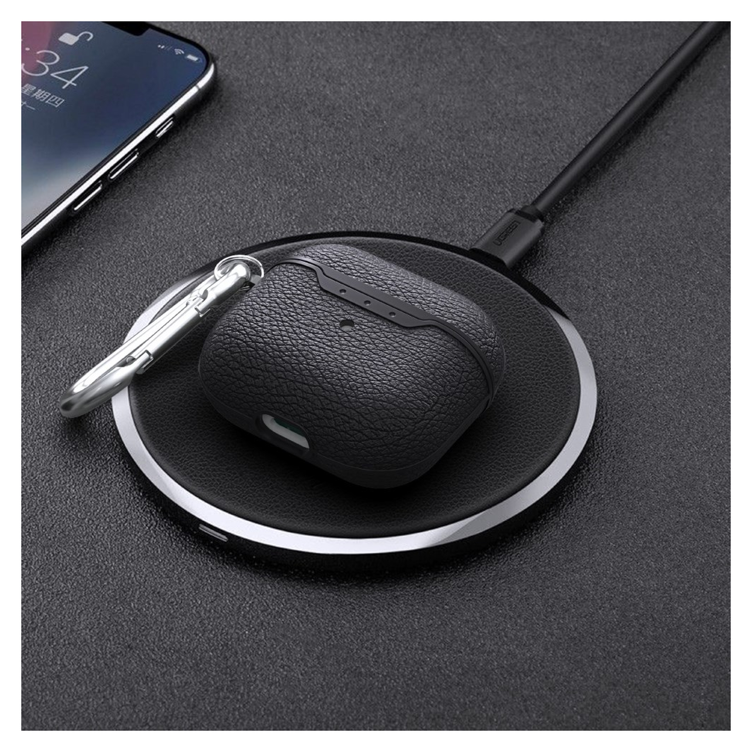 Apple AirPods 4 Hoesje Litchi TPU Schokbestendig Haak Zwart afbeelding 4