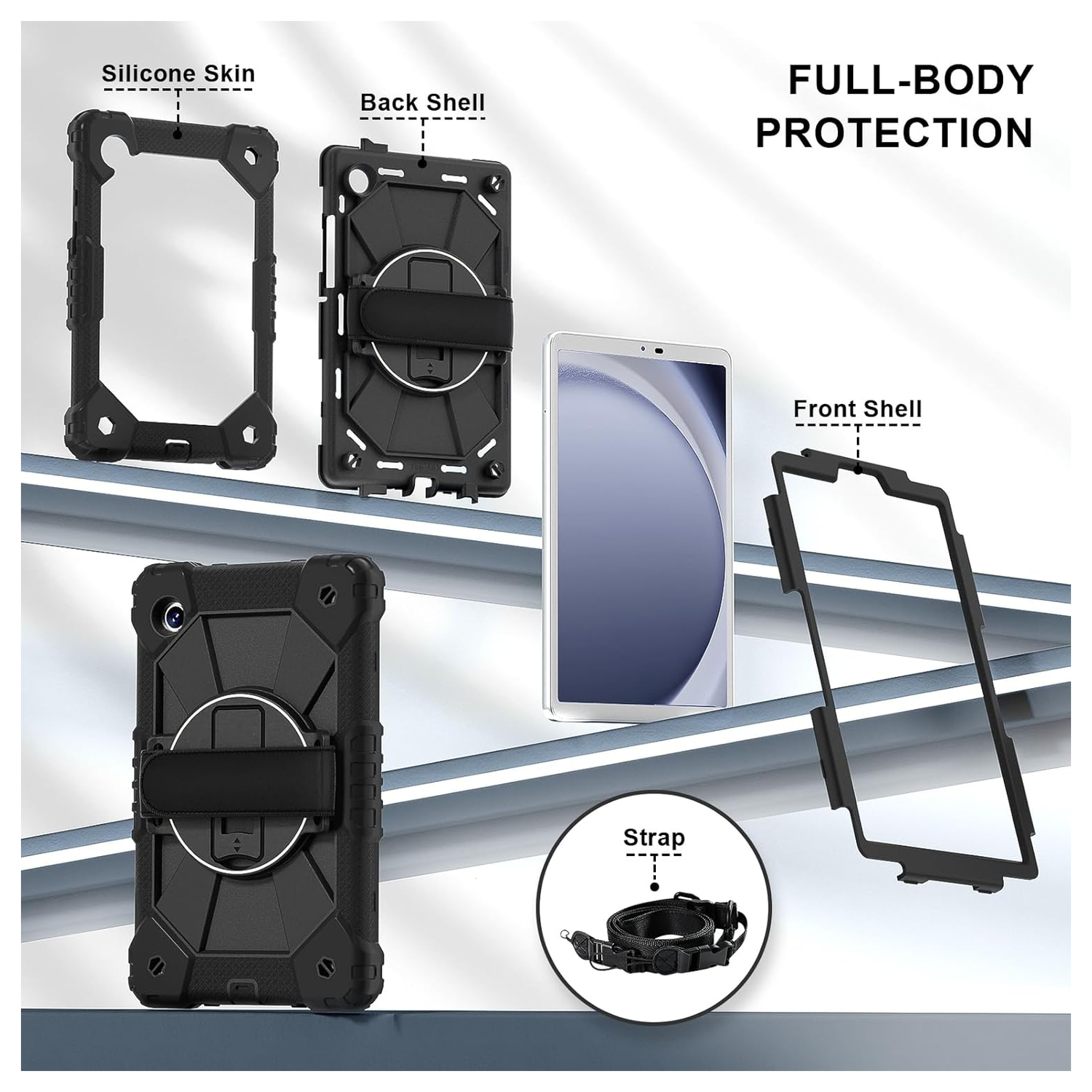 Samsung Galaxy Tab A11 Hoes Back Cover met Kickstand en Handriem Zwart afbeelding 2