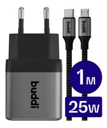 Buddi Power 25W USB-C Oplader met Micro-USB Kabel 1M Grijs afbeelding