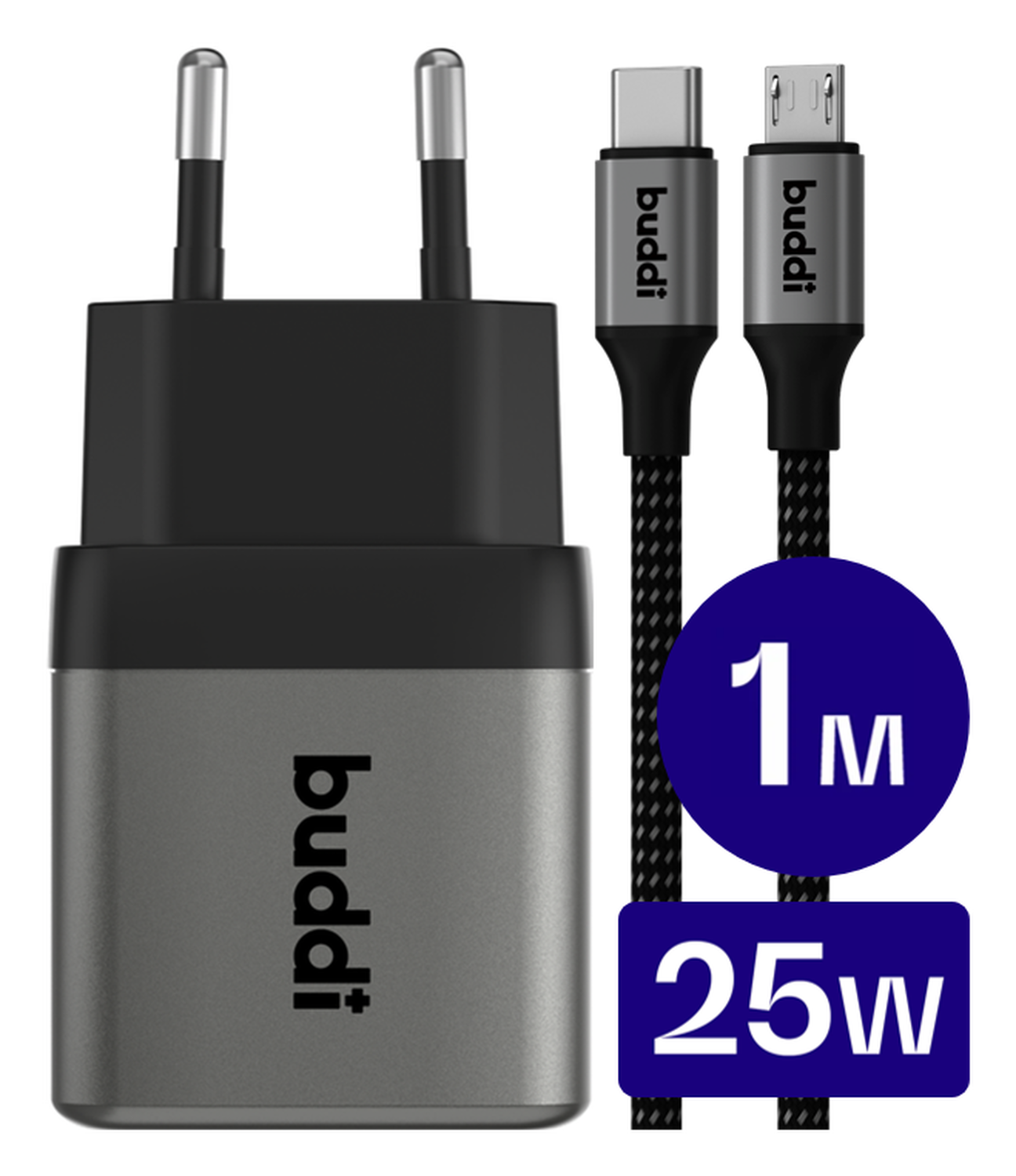 Buddi Power 25W USB-C Oplader met Micro-USB Kabel 1M Grijs afbeelding 1