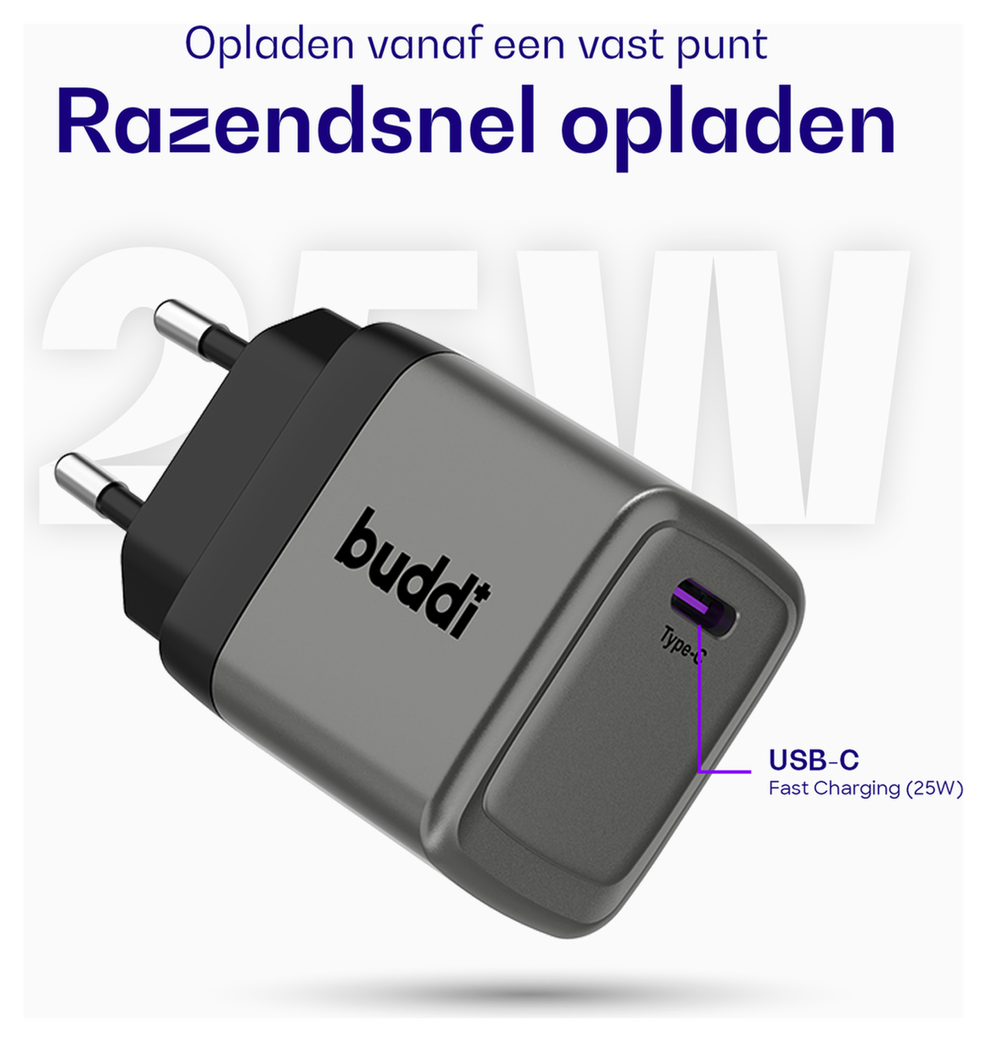 Buddi Power 25W USB-C Oplader met Micro-USB Kabel 1M Grijs afbeelding 4