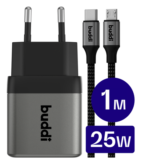Buddi Power 25W USB-C Oplader met Micro-USB Kabel 1M Grijs afbeelding 1