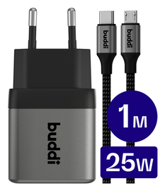 Buddi Power 25W USB-C Oplader met Micro-USB Kabel 1M Grijs