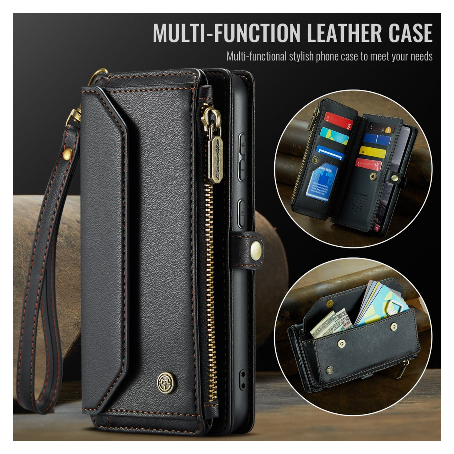 CaseMe C36 Samsung Galaxy S25 FE Hoesje Zipper Book Case Zwart afbeelding 3