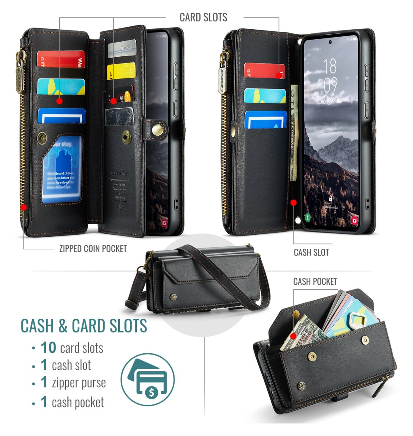 CaseMe C36 Samsung Galaxy S25 FE Hoesje Zipper Book Case Zwart afbeelding 4