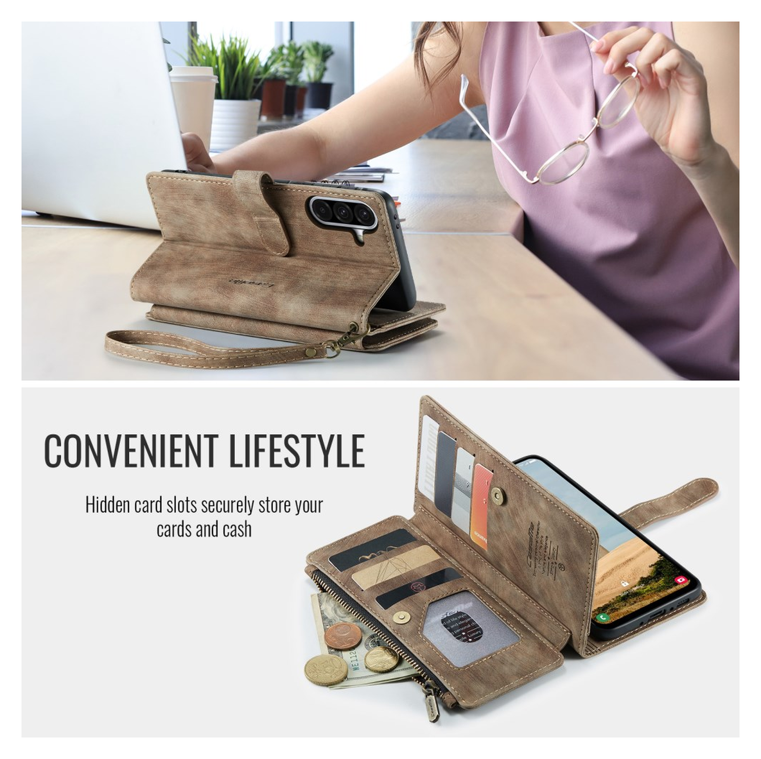 CaseMe C30 Samsung Galaxy A17 Hoesje Pasjeshouder Book Case Bruin afbeelding 6