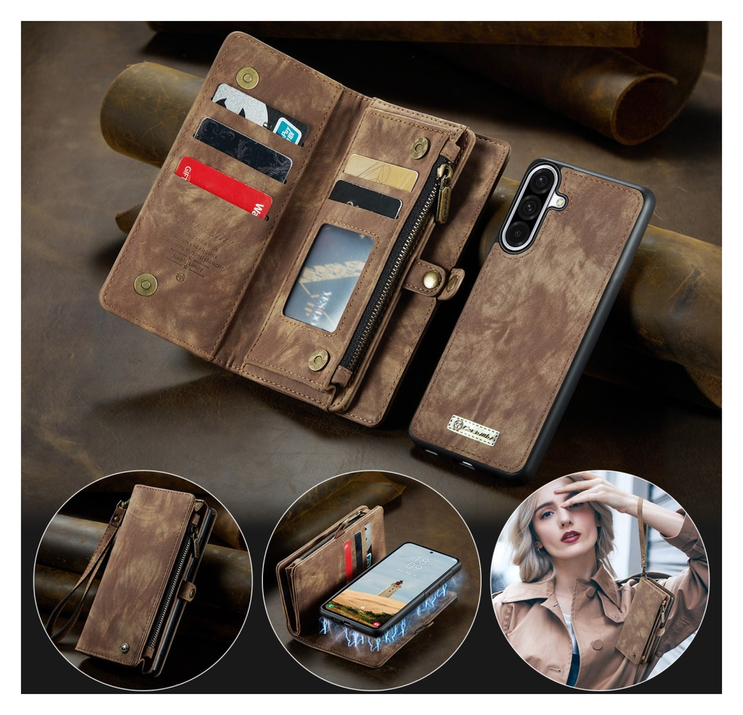 CaseMe 008 Samsung Galaxy A17 Hoesje 2-in-1 Book Case en Back Cover Bruin afbeelding 5