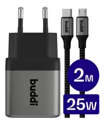 Buddi Power 25W USB-C Oplader met Micro-USB Kabel 2M Grijs afbeelding