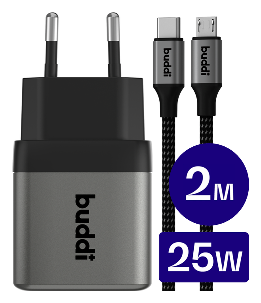 Buddi Power 25W USB-C Oplader met Micro-USB Kabel 2M Grijs afbeelding 1