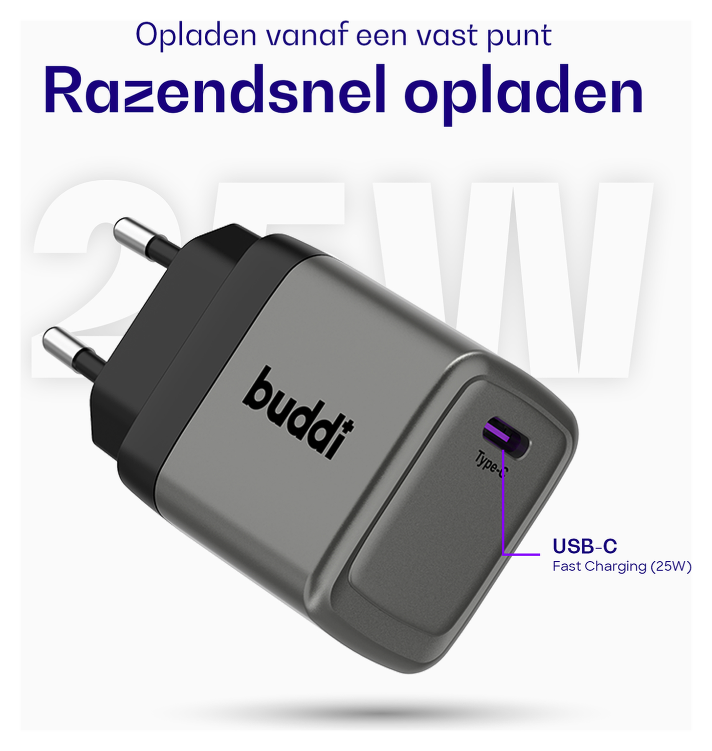 Buddi Power 25W USB-C Oplader met Micro-USB Kabel 2M Grijs afbeelding 4