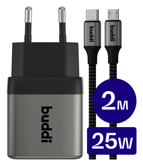 Buddi Power 25W USB-C Oplader met Micro-USB Kabel 2M Grijs afbeelding 1