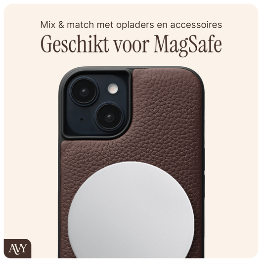 AVY Apple iPhone 14 / 13 Hoesje met Koord Haakjes MagSafe Leer Chocolate afbeelding 6